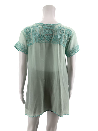 Johnny Was Shiro Aqua Embroidered Flutter Sleeve Tunic Top | Size XS