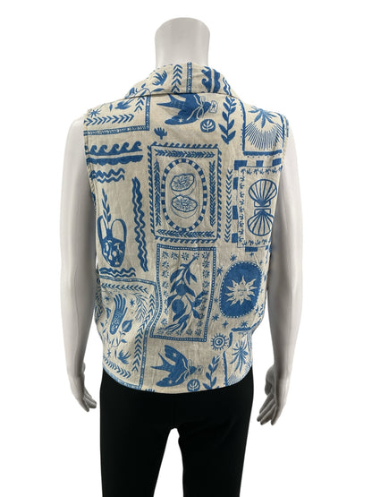 Calypso St. Barth white/blue Sleeveless Coastal Print Linen Blend Tie-Front Tank Top XL - Size XL