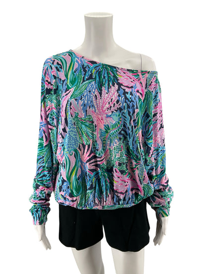 Lilly Pulitzer Neveah Top Sink Or Swim Print Blouson Dolman Sleeve L