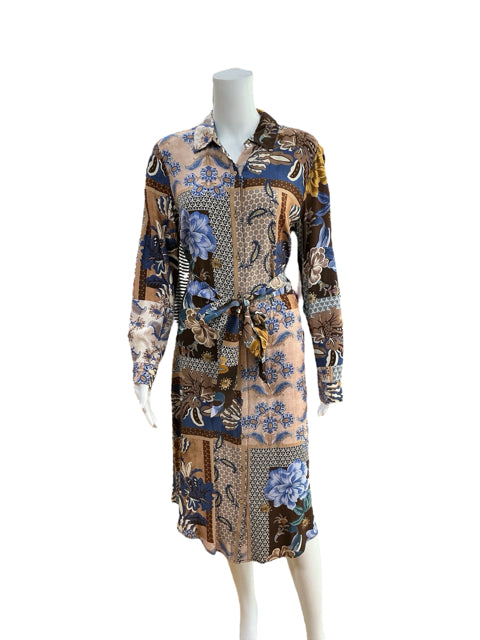 Talbots Patchwork Floral Midi Shirt Dress in blue and brown, size 6, displayed on mannequin with long sleeves and belted waist.