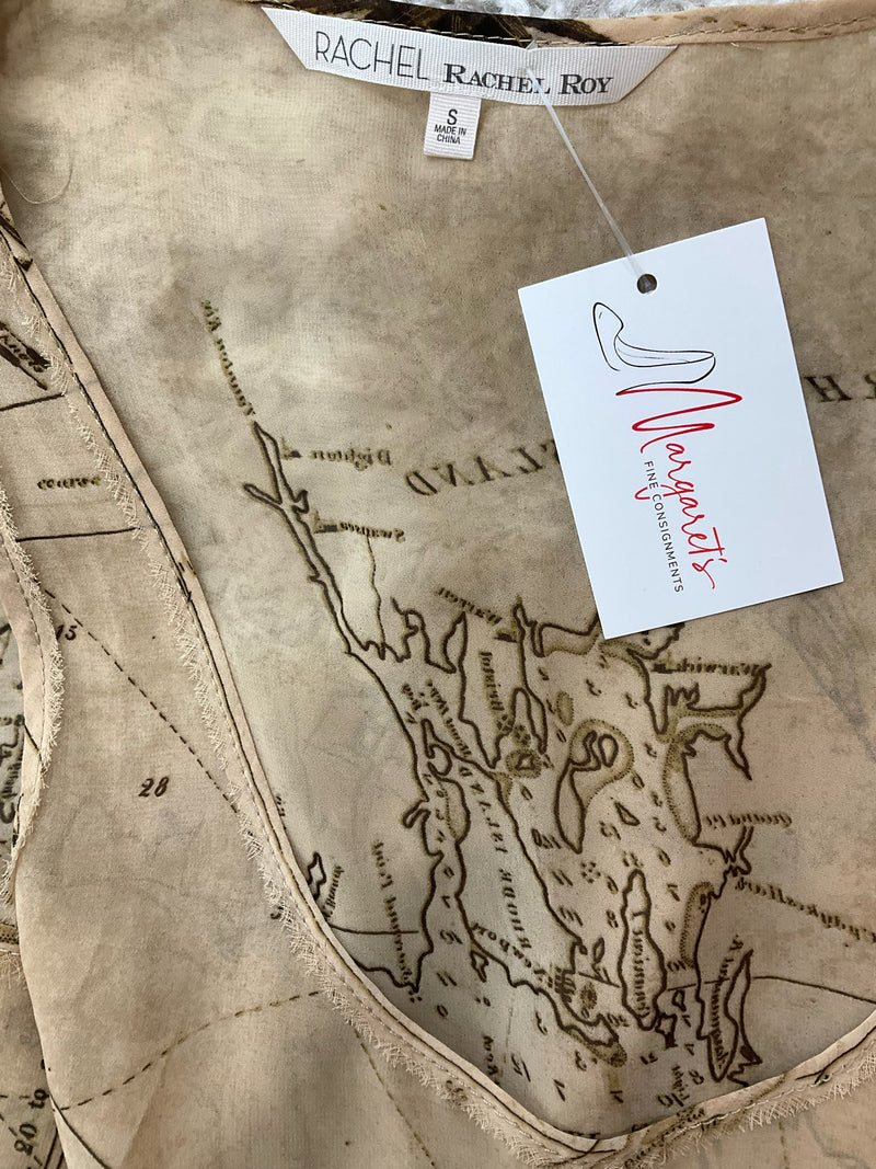 Close-up of Rachel Roy Tan Pre-Owned Ladies Top - Size Small neckline showing brand label and map print fabric detail.