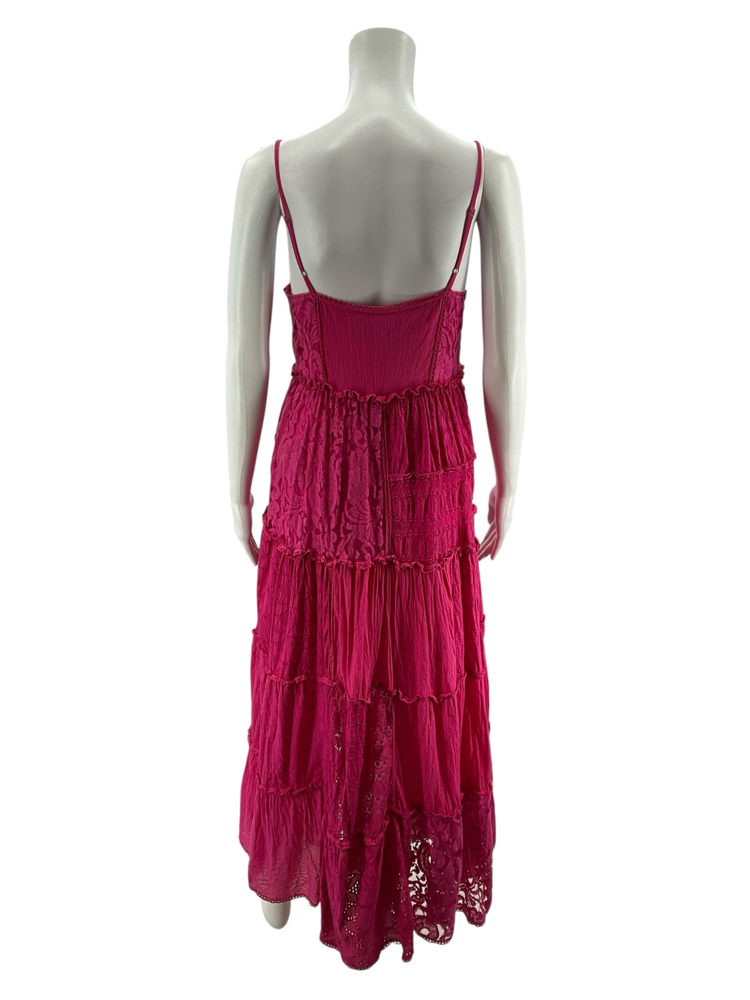 Bhanuni by Jyoti Pink Tiered Lace Bohemian Maxi Dress Size XSP