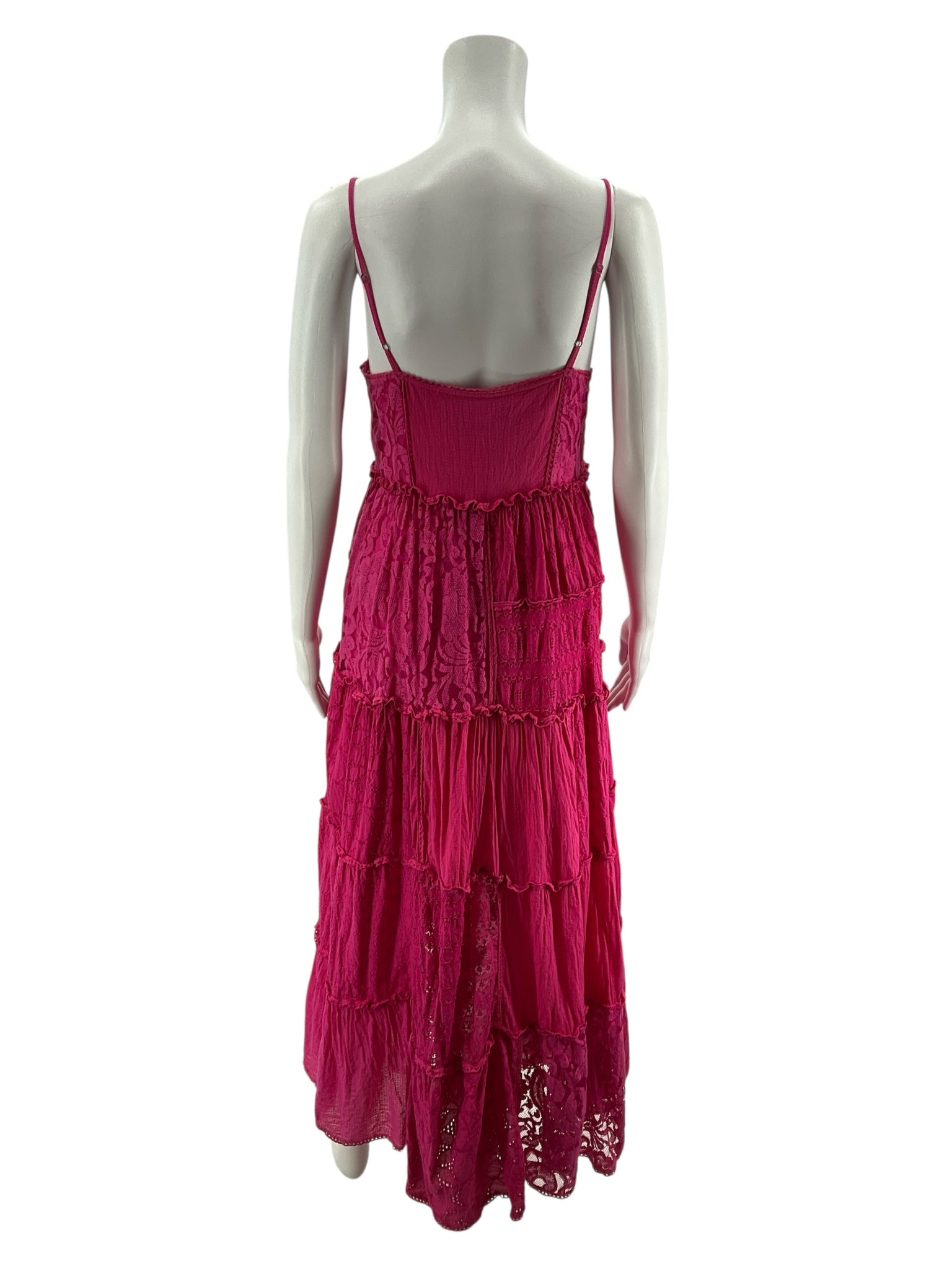 Bhanuni by Jyoti Pink Tiered Lace Bohemian Maxi Dress Size XSP