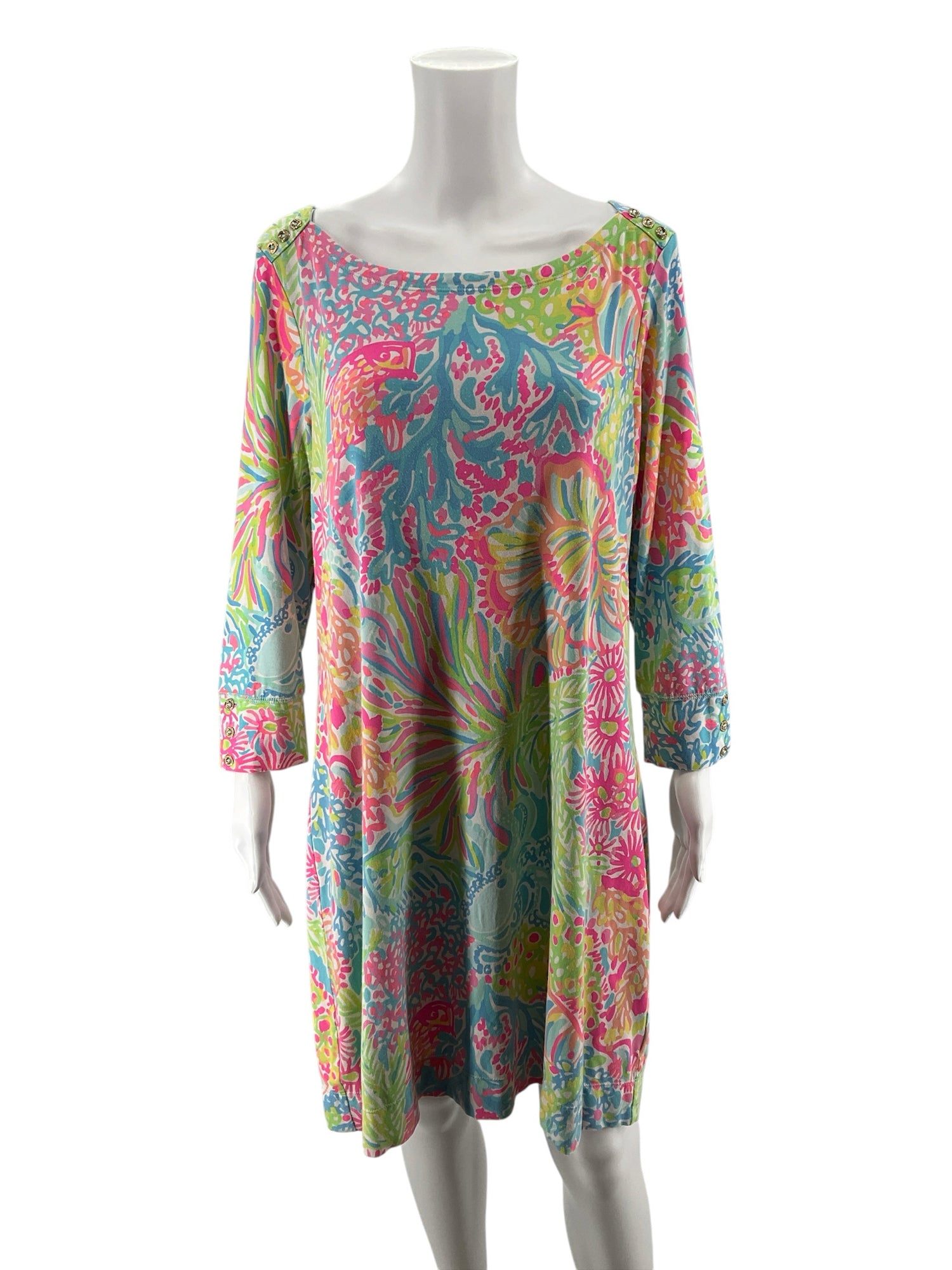 Lilly Pulitzer Marlowe Dress In The Vias Print Boatneck 3/4 Sleeve XL