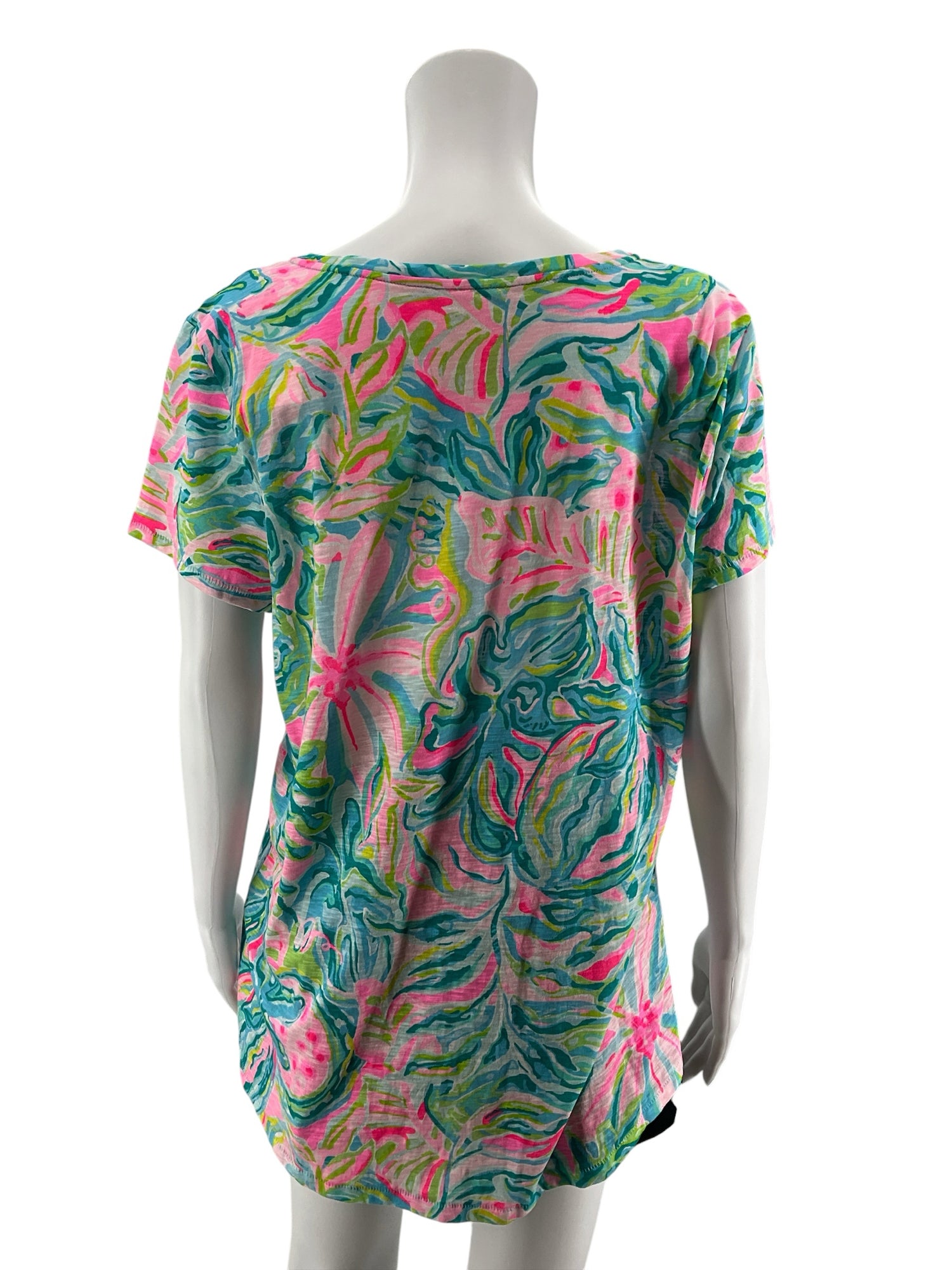 Lilly Pulitzer Michele V-Neck Top Chin Chin Floral Print Pink Turquoise Size Large