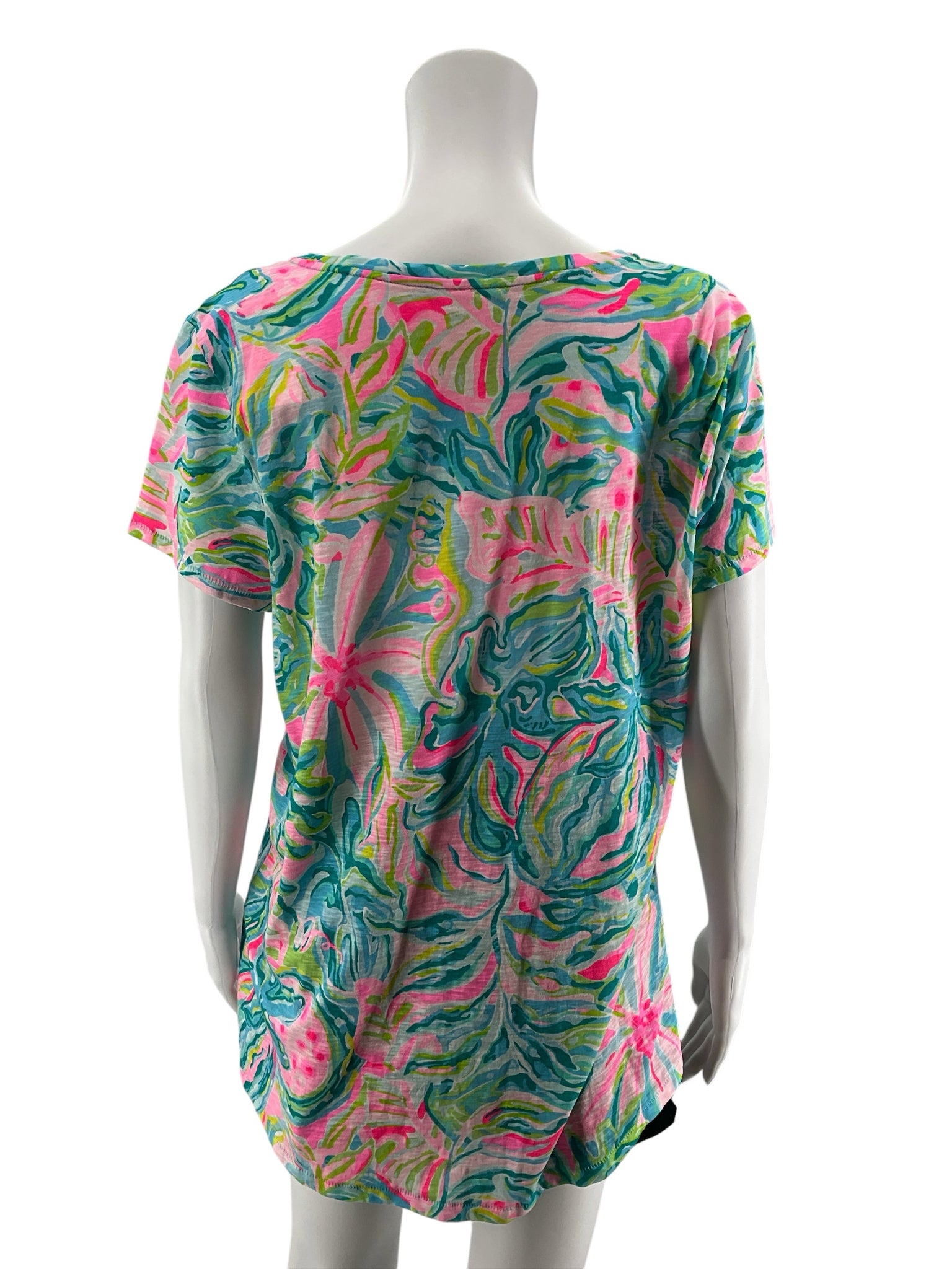 Lilly Pulitzer Michele V-Neck Top Chin Chin Floral Print Pink Turquoise Size Large