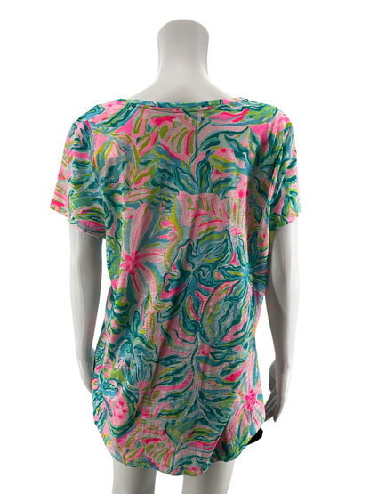 Lilly Pulitzer Michele V-Neck Top Chin Chin Floral Print Pink Turquoise Size Large