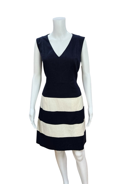 Front view of Julie Brown navy/white stripe pre-owned sheath dress, size 10, with bold horizontal stripes and classic silhouette.