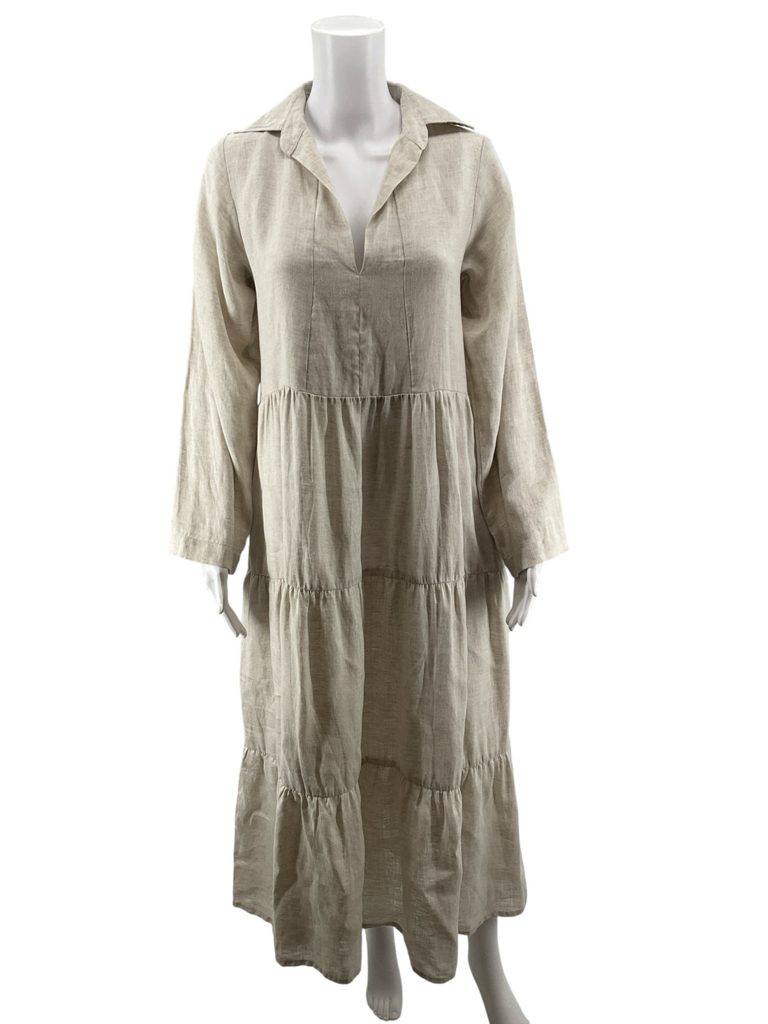 LJC Designs Beige Linen Tiered Long Sleeve Midi Dress Size Small
