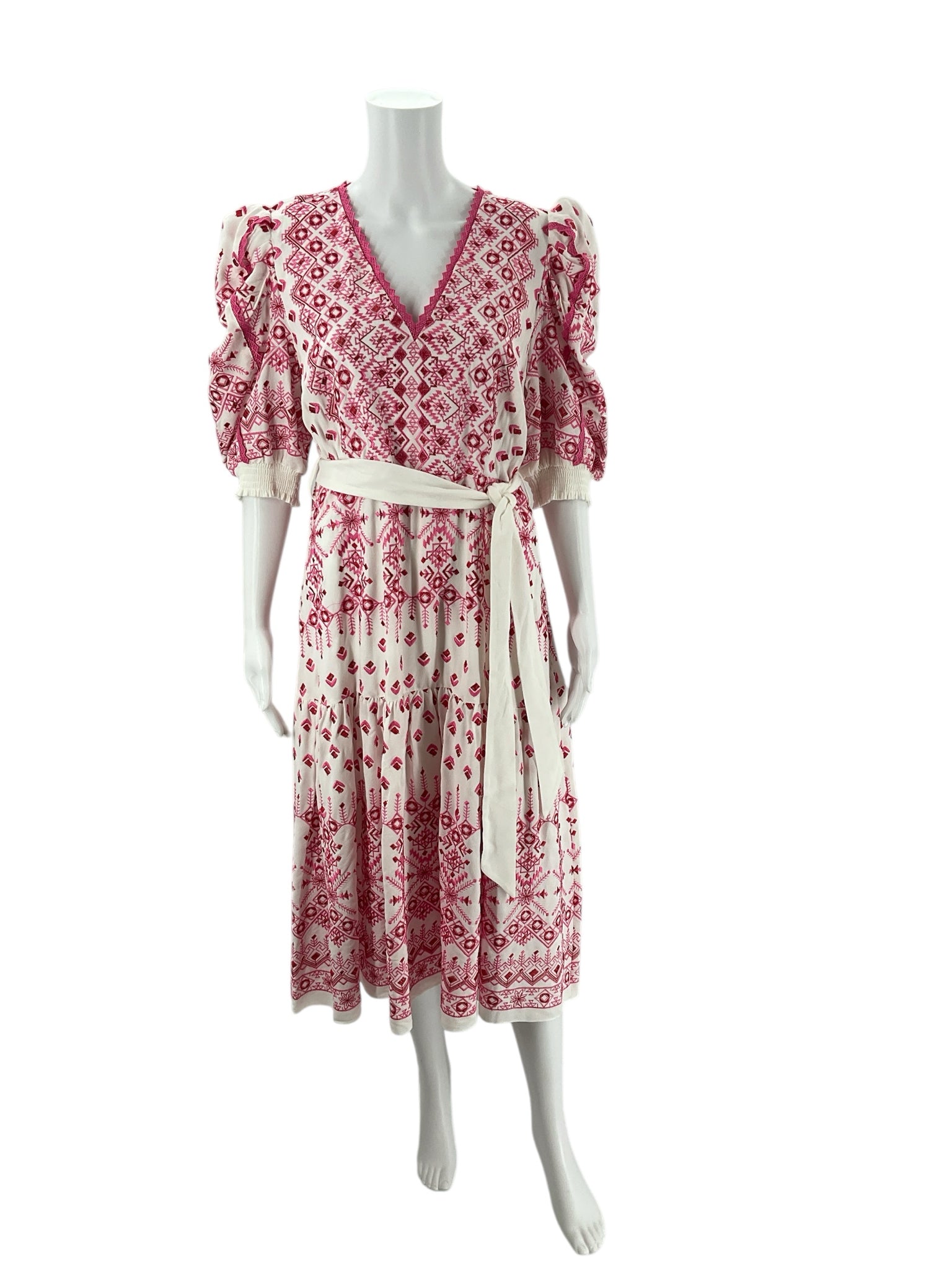 Hale Bob White/Pink Print Dress - Size Large with puff sleeves, belted waist, and geometric floral pattern, perfect for resort wear.