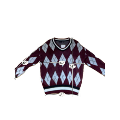 Dazy Argyle V-Neck Sweater Maroon Cream Preppy Collegiate Knit Pullover Medium