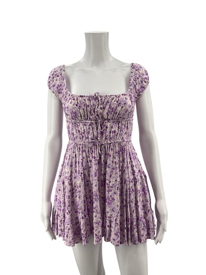 Sky To Moon purple/white Babydoll Purple Floral Puff Sleeve Babydoll Mini Dress Size Small - Size S