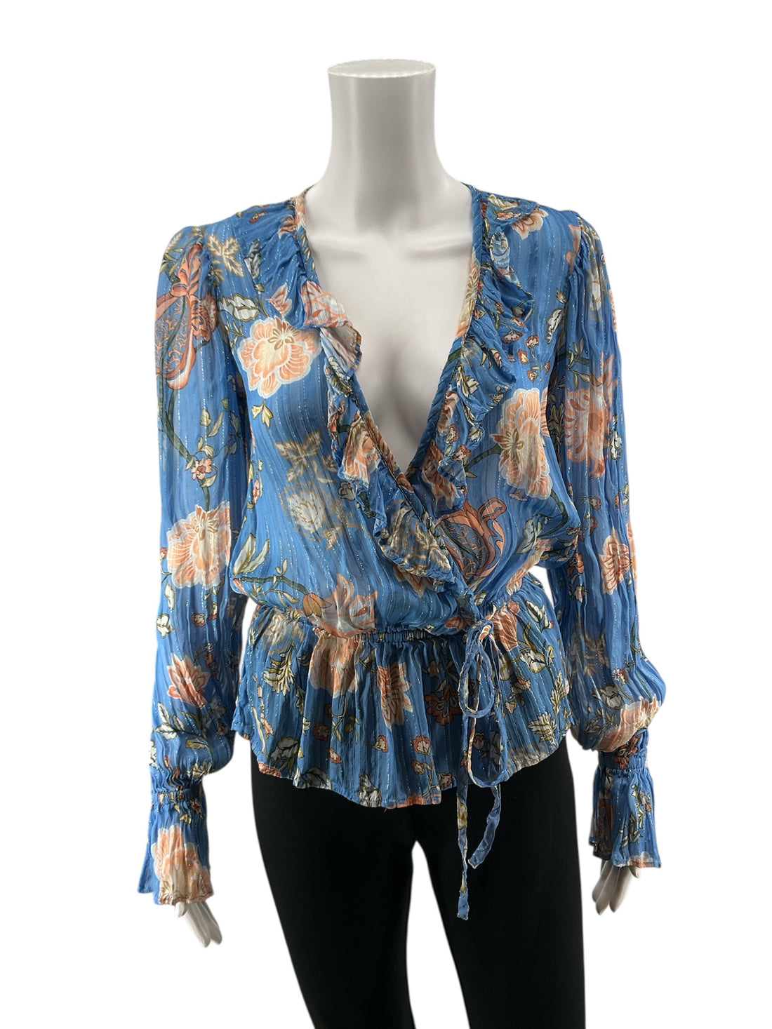 Ramy Brook Maris Floral Lurex Wrap Top Blue Blush Bishop Sleeve Blouse S/M