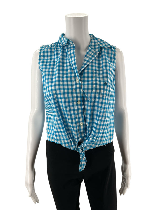 Ralph Lauren White/Turquoise Checkered Pre-Owned Ladies Top - Size Medium Petite