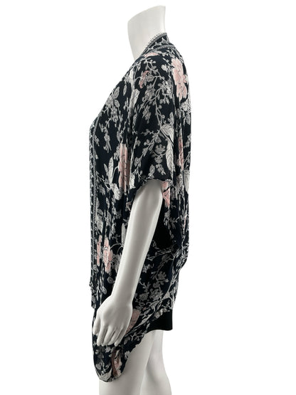 LOFT Floral Kimono Shrug Open Front Cardigan Navy Pink XS/S