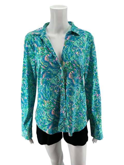 Lilly Pulitzer Sea View Button Down Shirt Multi Sink Or Swim Floral Print Size Large - ONLINE ONLY