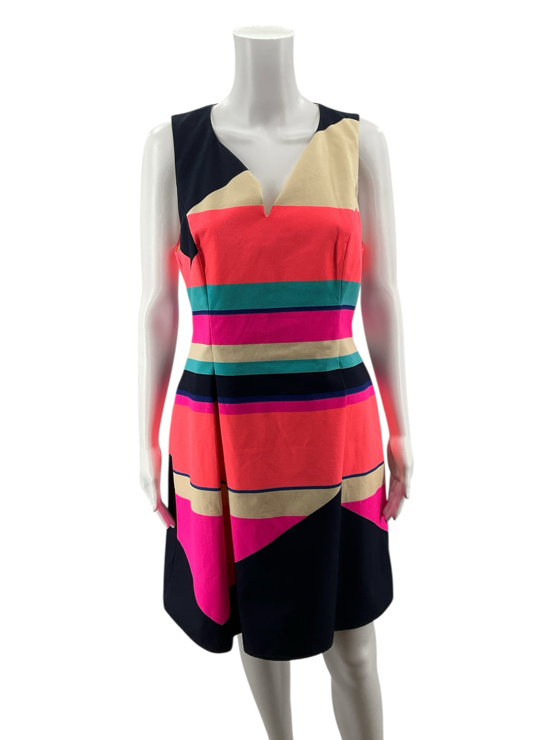 Julie Brown Tan/Coral/Aqua Stripe Pre-Owned Ladies Dress - Size 8