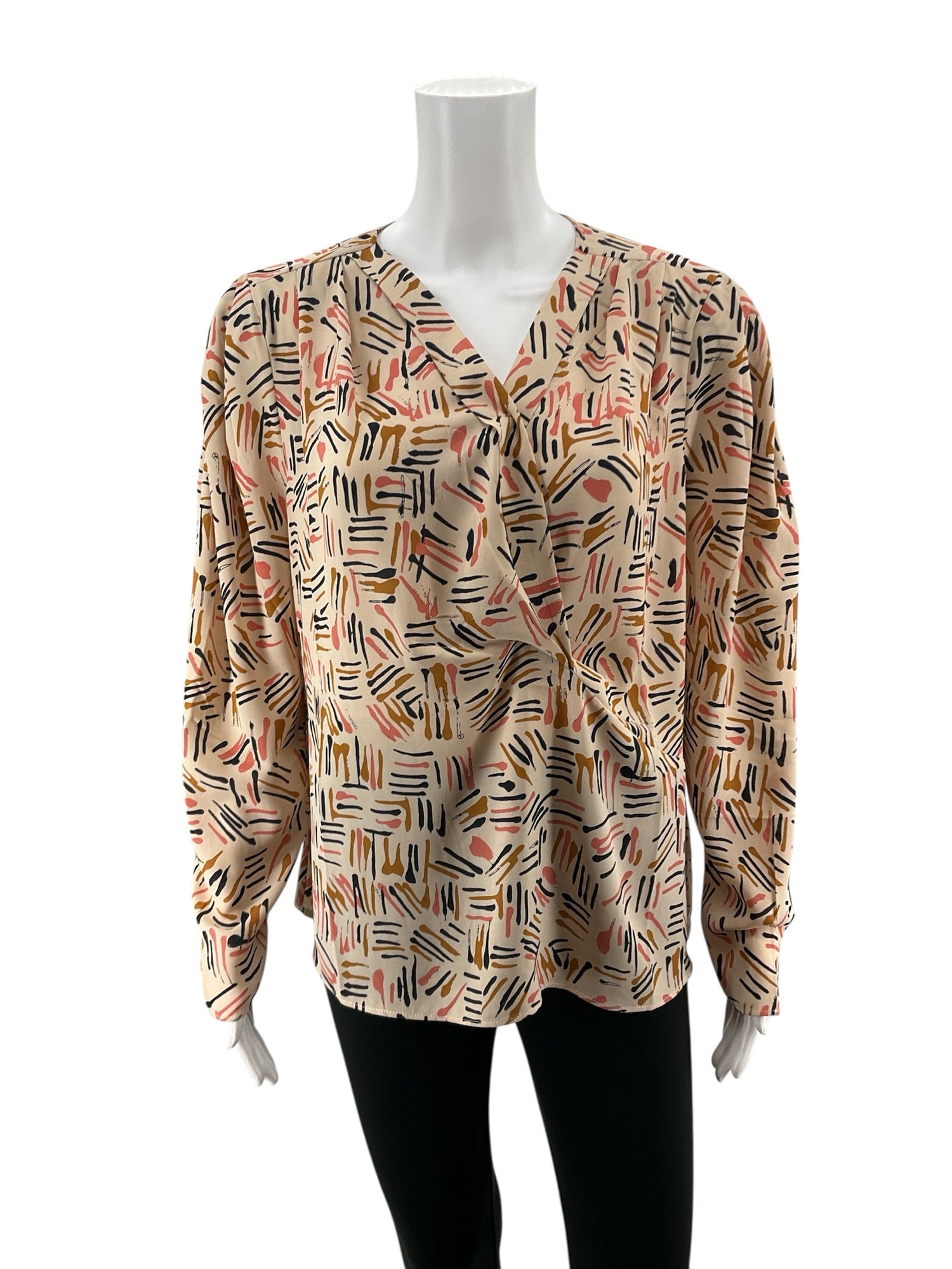 cabi tan/navy/pink Long Sleeve Brushstroke Blouse Faux Wrap V-Neck Top Tan Pink Navy Size M Style 4162 - Size M