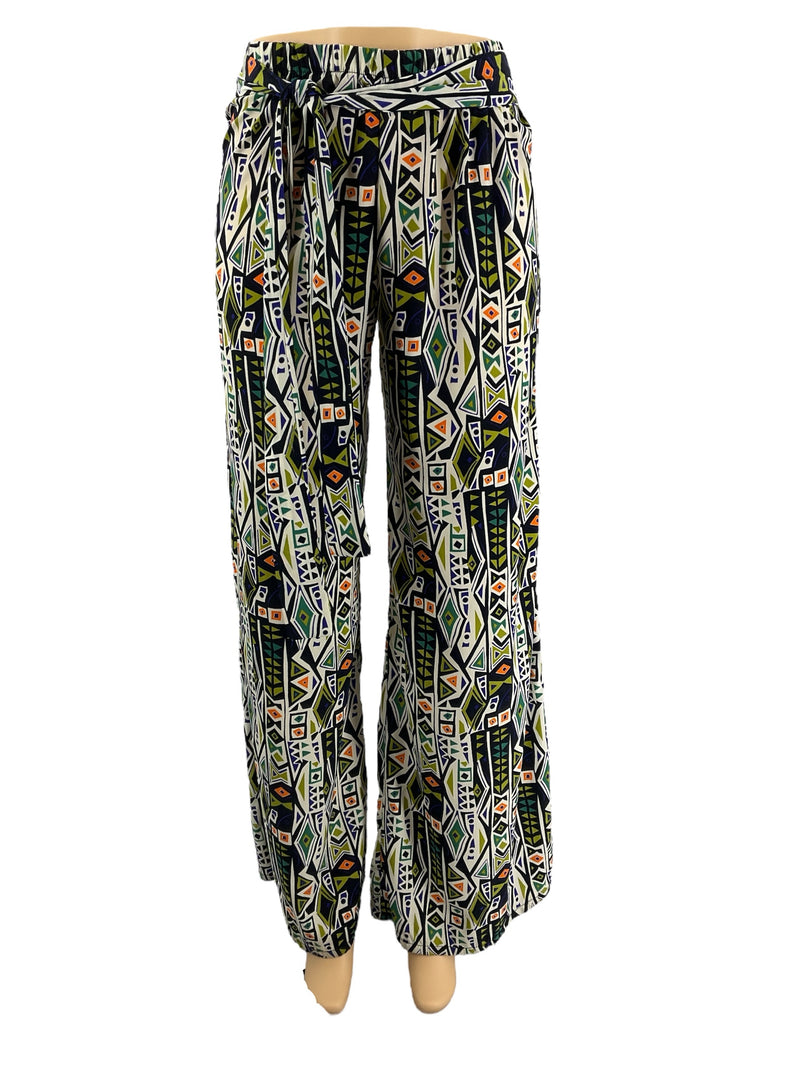 Karlie Cream/Black/Blue Print Pre-Owned Pants in size 6 with tribal geometric pattern, wide-leg boho palazzo style and tie waist front view.