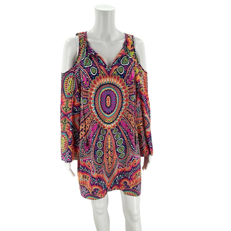 Front view of Alice & Trixie Dress Size XS on mannequin, featuring vibrant print and flowy cold-shoulder style at Margaret's Fine Consignments.