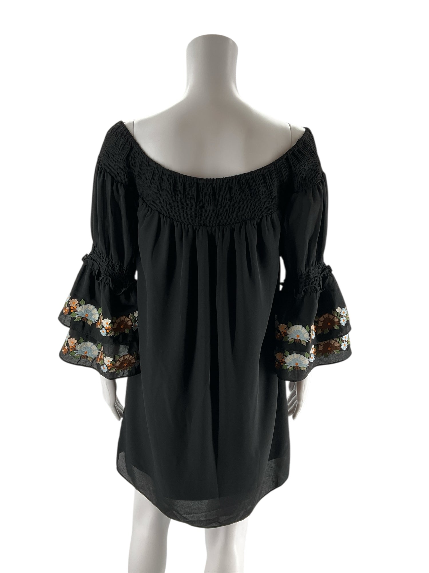 VaVa by Joy Han Black Boho Black Floral Embroidered Off-Shoulder Boho Mini Dress XS - Size XS