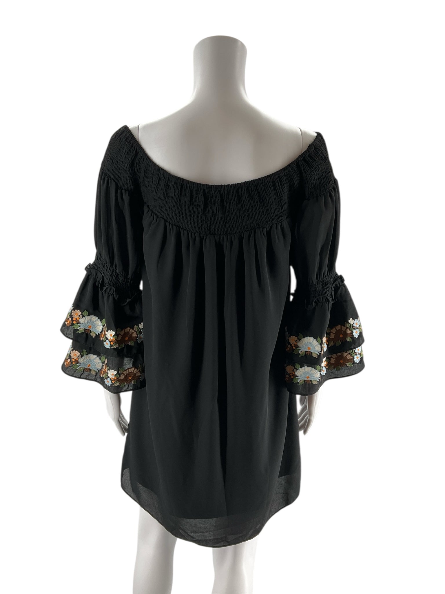 VaVa by Joy Han Black Boho Black Floral Embroidered Off-Shoulder Boho Mini Dress XS - Size XS