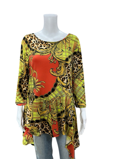 Attitudes Orange/Green/Tan Print Top Size Large