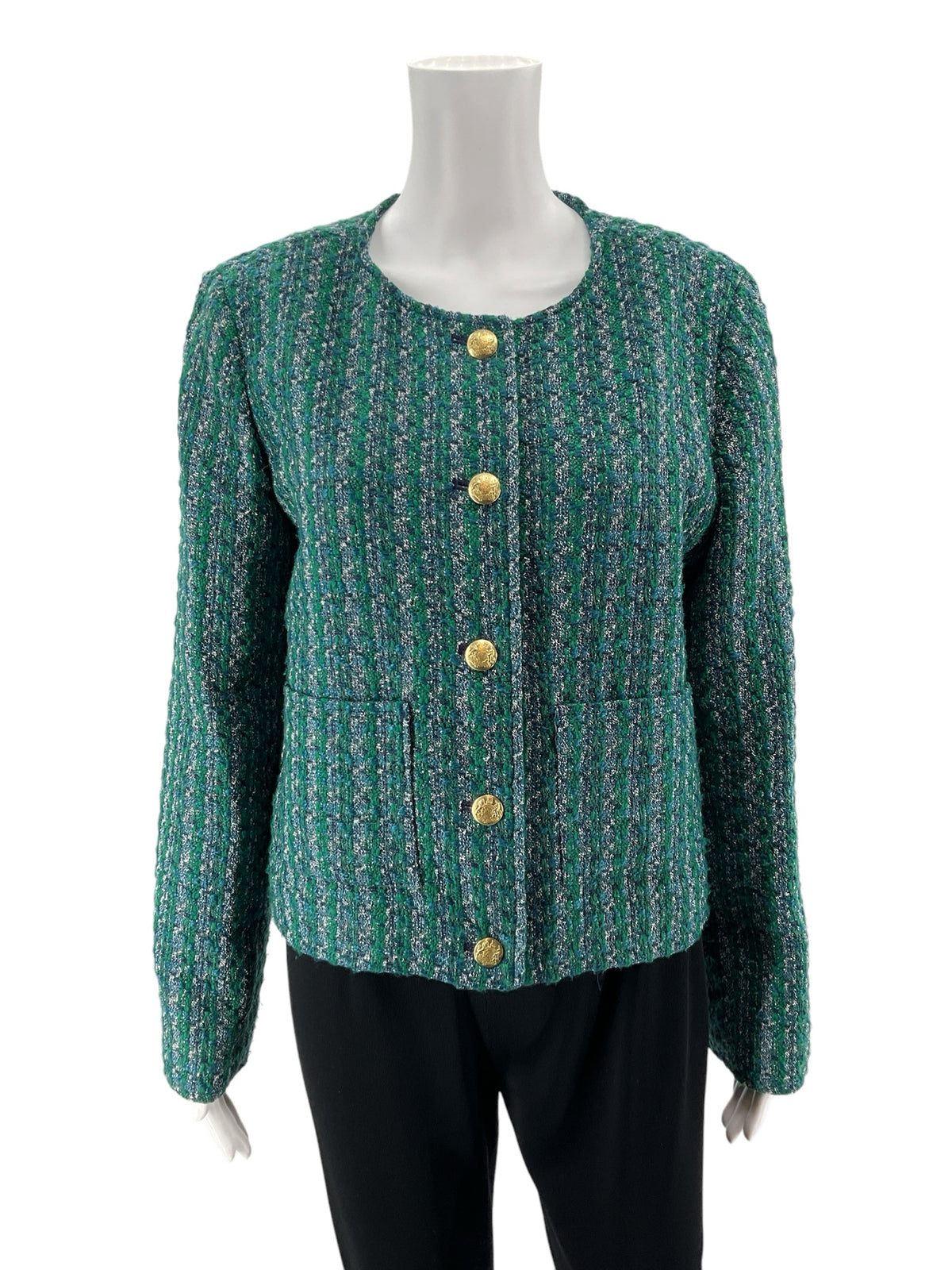 J. Crew Green Boucle Tweed Crest Button Lady Jacket | Size 14