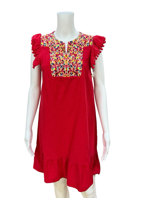 Kirundo Pink Multi Embroidered Ruffle Sleeve Bohemian Tunic Dress Size Medium