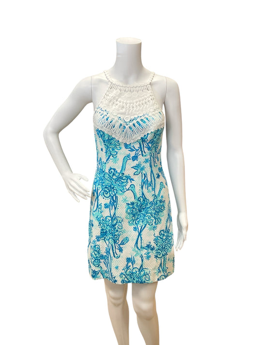 Lilly Pulitzer Size 0 White/Aqua Print Pre-Owned Ladies Dress