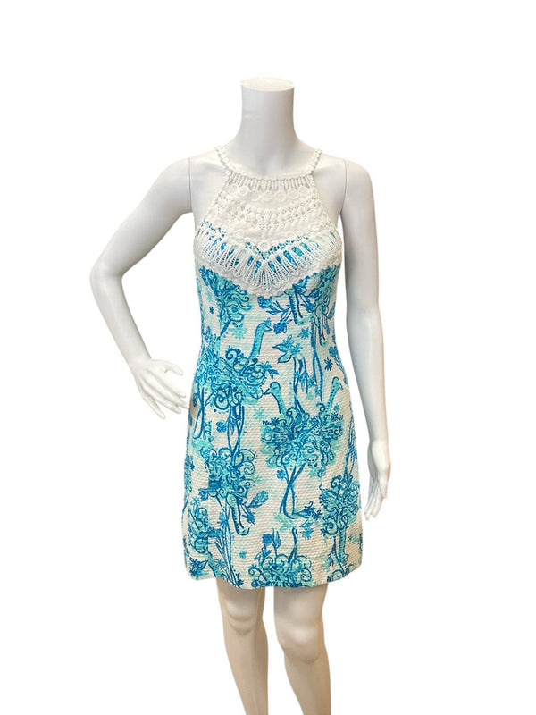 Front view of Lilly Pulitzer Dress Size 0 with white crochet neckline and aqua floral print, available at Margaret's Fine Consignment.
