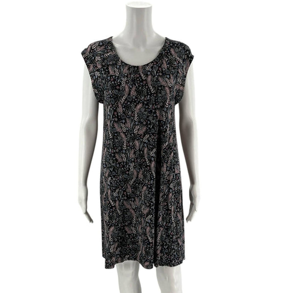 Front view of Loft Dress Size Petite Medium in black/mauve floral pattern with cap sleeves, gently used and sold by Margaret's Fine Consignments.