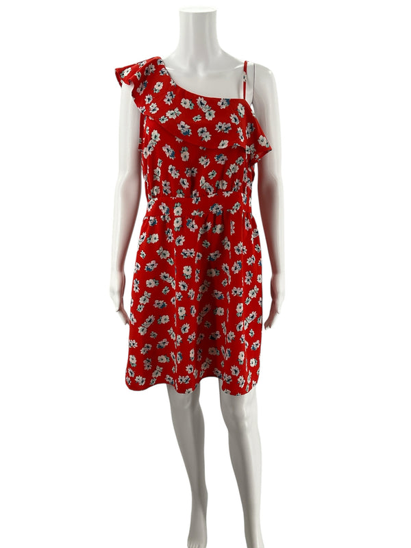 Xhiliration Orange/Multi Floral Pre-Owned Ladies Dress - Size Large displayed on mannequin front view. Asymmetrical sundress with red floral print.