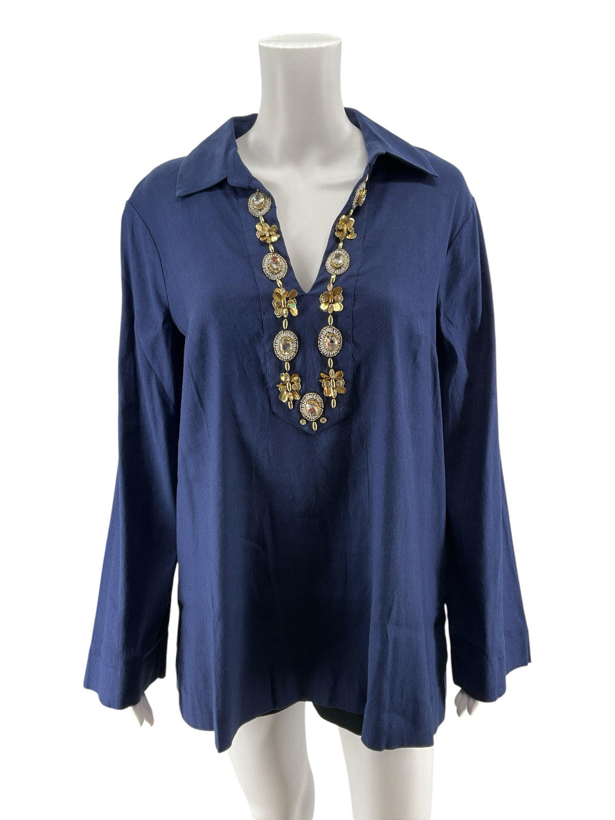 Lilly Pulitzer Kenna Tunic Top Navy Gold Embellished V-Neck Linen Blend Size L - Downstairs