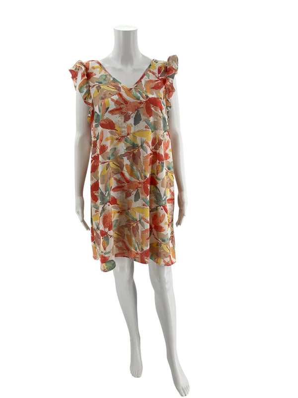 No Brand floral A-line shift dress in orange, green, and yellow tones shown on mannequin, featuring flutter sleeves and V-neckline.