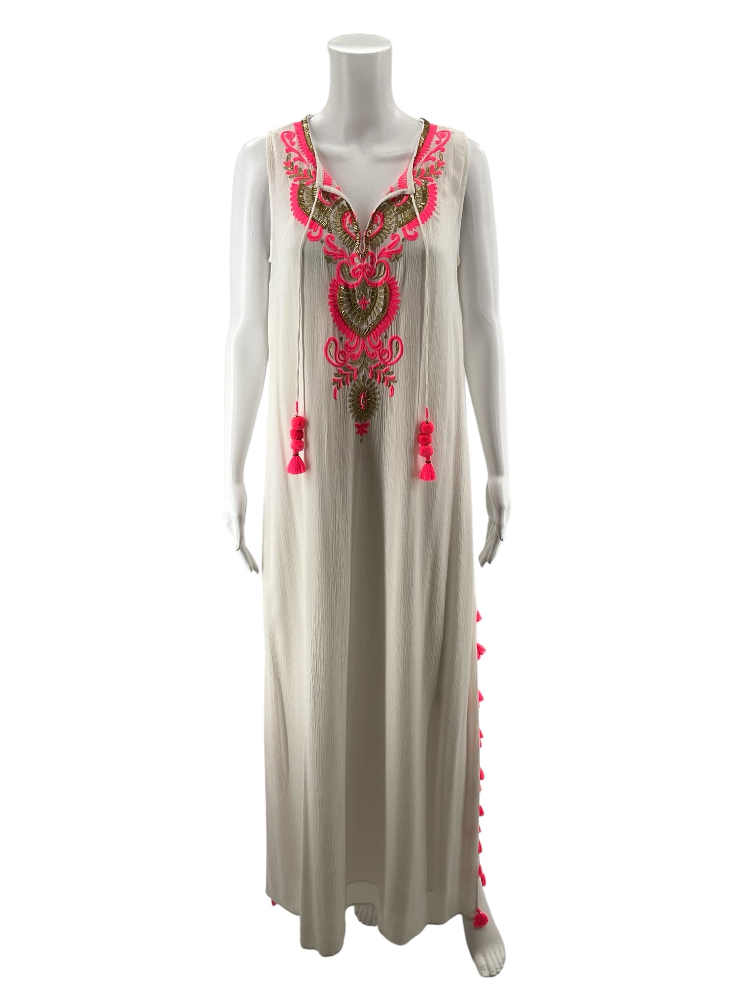 Lilly Pulitzer Jaxi Maxi Dress XS White Pink Embroidered Tassel