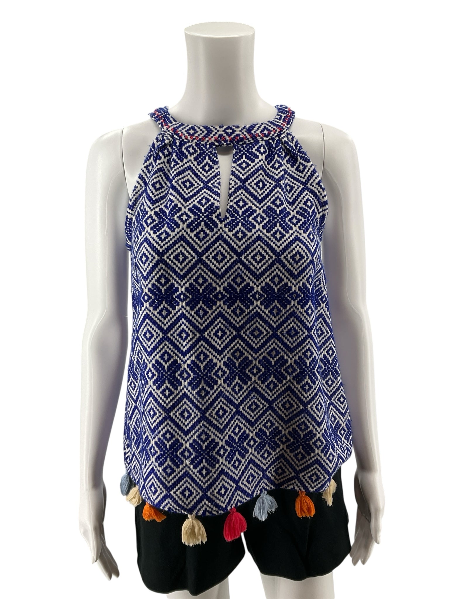 THML Geometric Fringe Hem Halter Top Blue White Boho XS