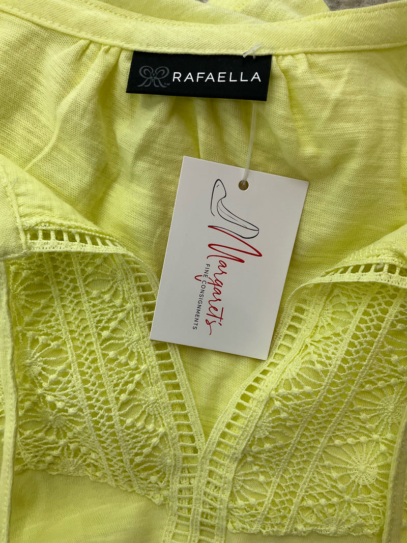 Close-up of Rafaella Yellow Pre-Owned Ladies Top - Size S label and lace yoke detail, emphasizing brand and fabric texture.