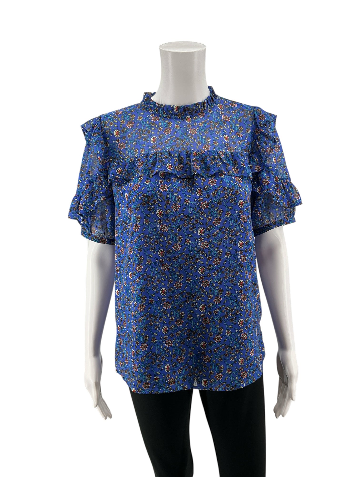 LOFT blue/red Short Sleeve Floral Ruffle Neck Flutter Sleeve Blouse Size Small Pre-Owned - Size S