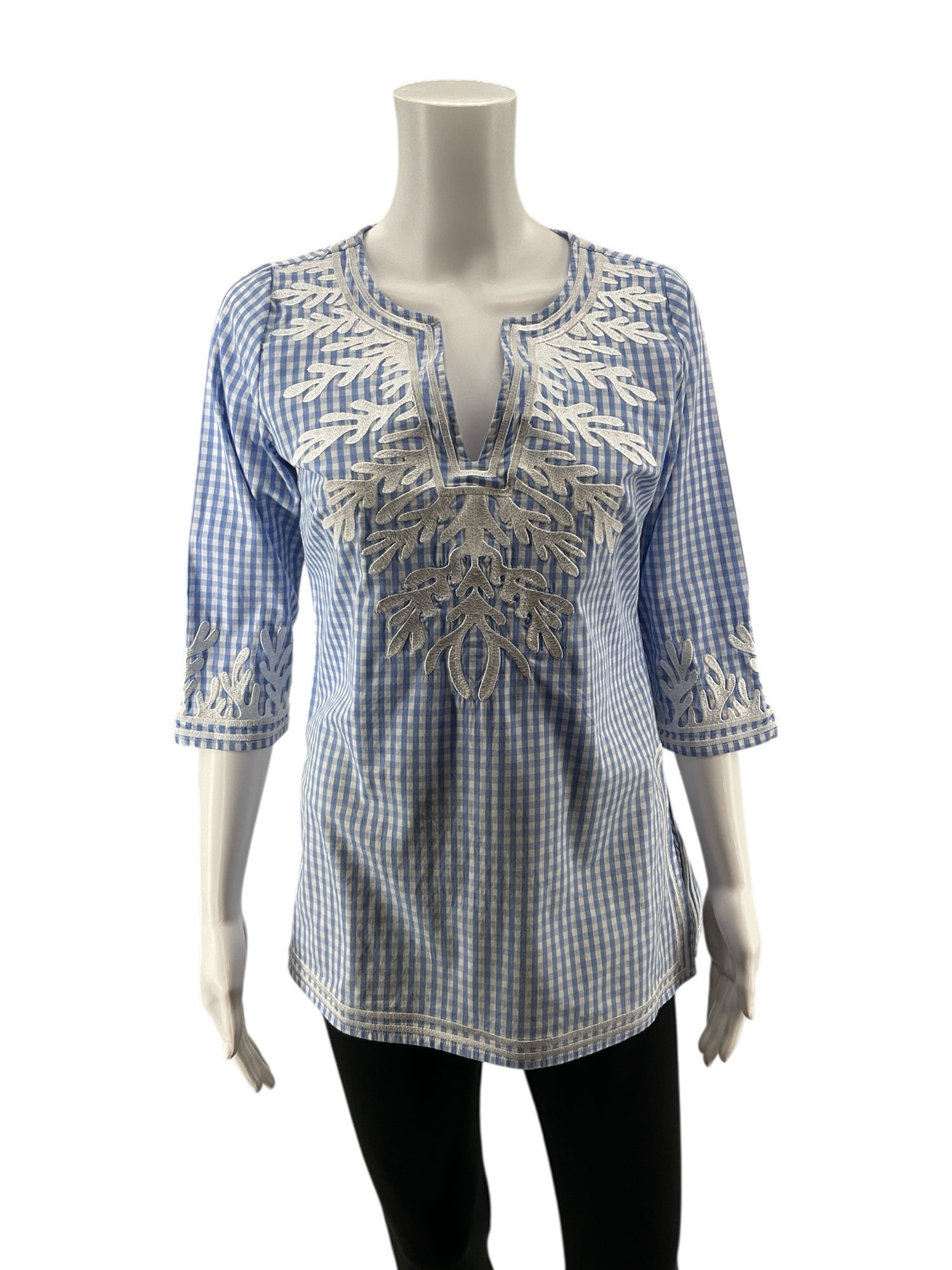 Gretchen Scott blue/white 3/4 Sleeve Gingham Embroidered Tunic Top Blue White Checkered Size XS - Size XS
