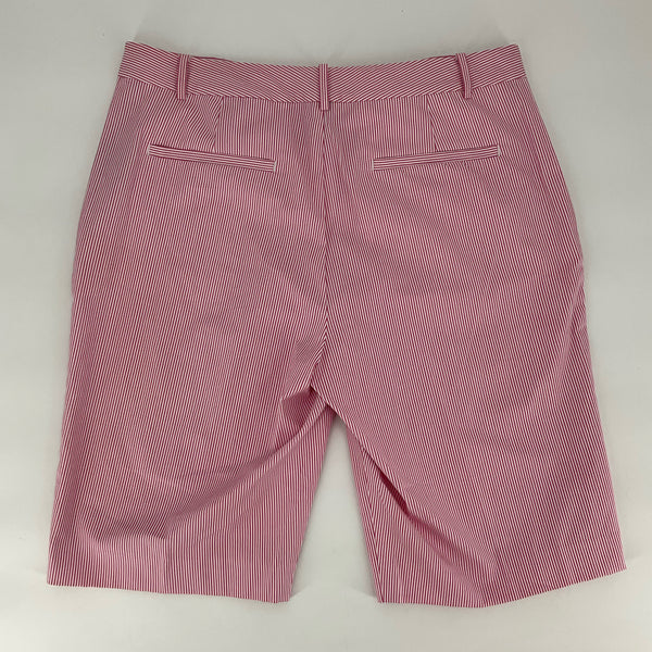 Back view of Ralph Lauren Size 12 pink and white striped women's shorts featuring welt pockets and a flattering mid-length cut for casual elegance.