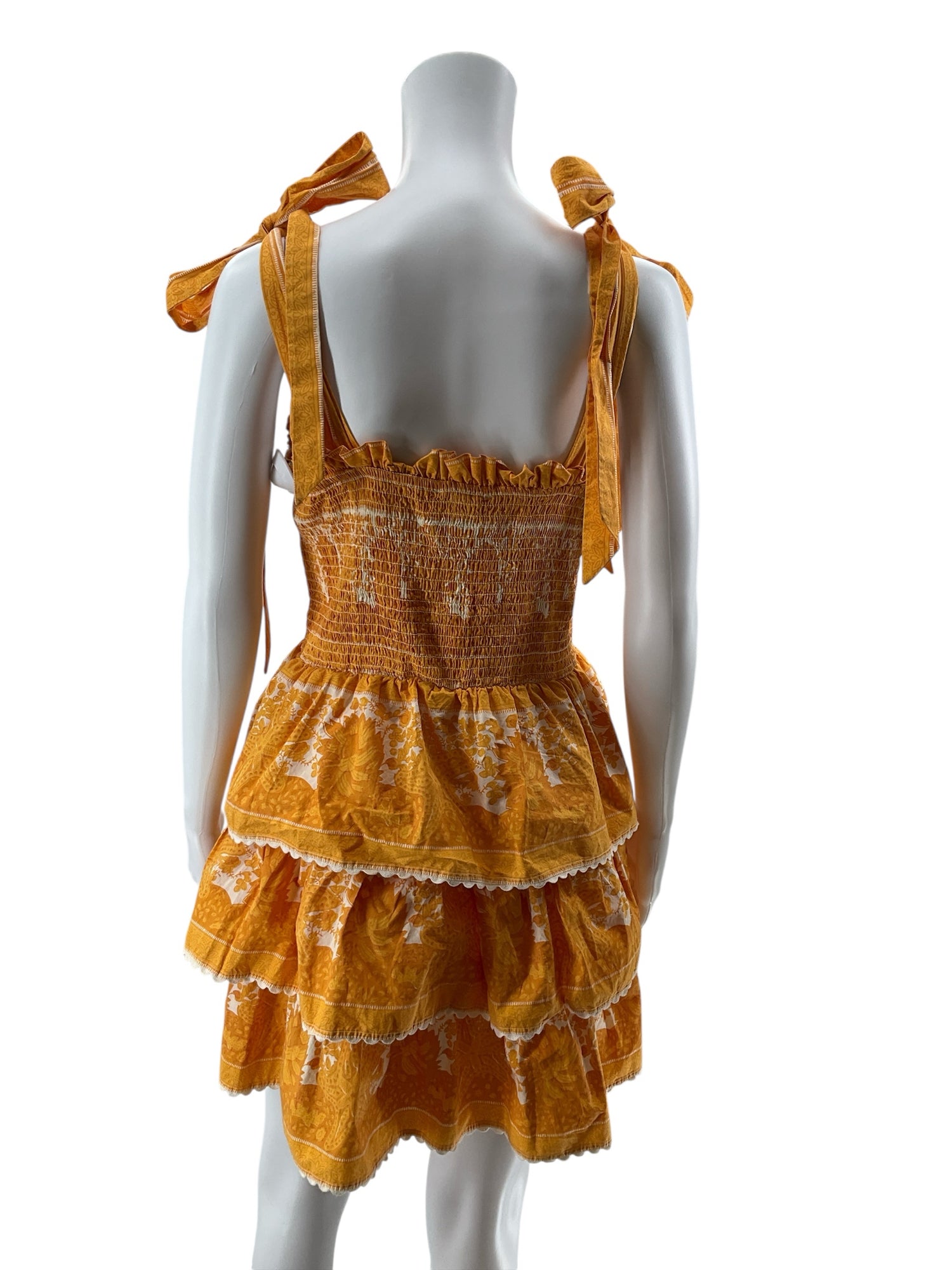 Cleobella Margaux Smocked Tiered Floral Mini Dress Mustard Yellow Medium
