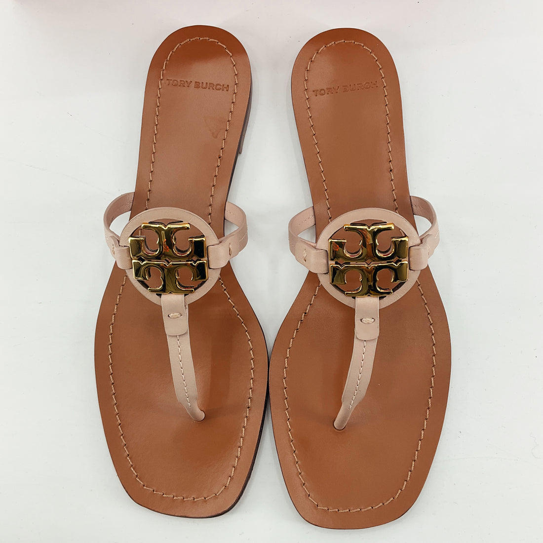 Tory Burch Miller Leather Sandals Blush Pink Gold Logo Size 9.5