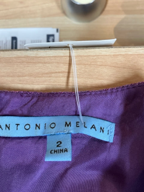 Size tag of Antonio Melani purple dress marked as size 2, made in China, attached to the inner neckline for sizing reference.