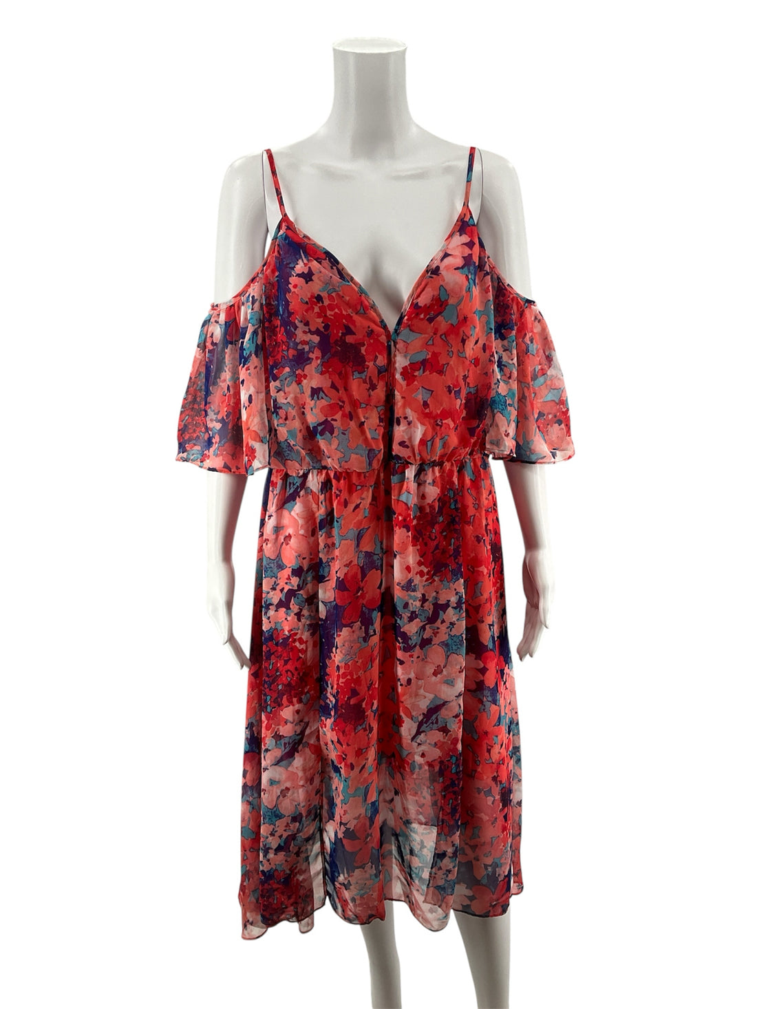 Bisou Bisou red/purple/aqua Cocktail Floral Cold Shoulder Dress Size 12 New With Tags - Size 12
