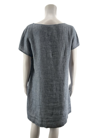 Eileen Fisher Blue Shift Organic Linen Herringbone Tunic Dress Size Small Slate Blue Pockets - Size S