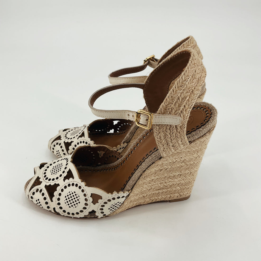 Tory Burch Lacey Perforated Leather Espadrille Wedge Sandals Cream Size 7.5