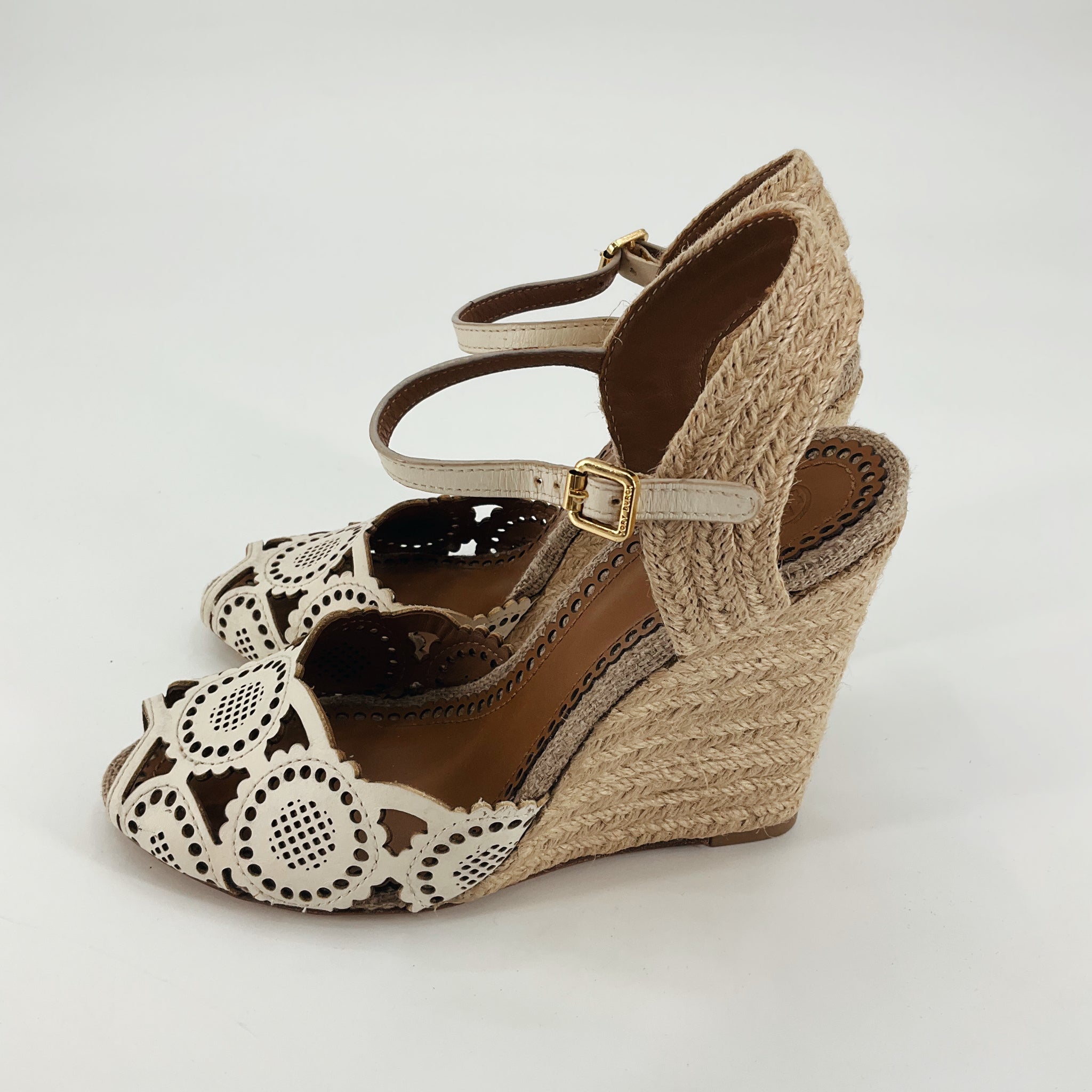 Tory Burch Lacey Perforated Leather Espadrille Wedge Sandals Cream Size 7.5