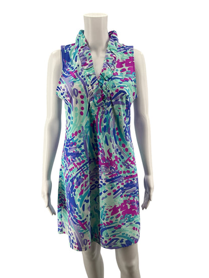 Aryeh Aqua/Purple Sleeveless Aqua/Purple Print Pre-Owned Ladies Dress - Size Small - Size S