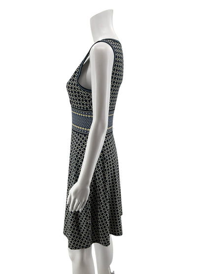 NIC + ZOE Navy Mosaic Print Surplice Fit &amp;amp; Flare Knit Dress Size Small